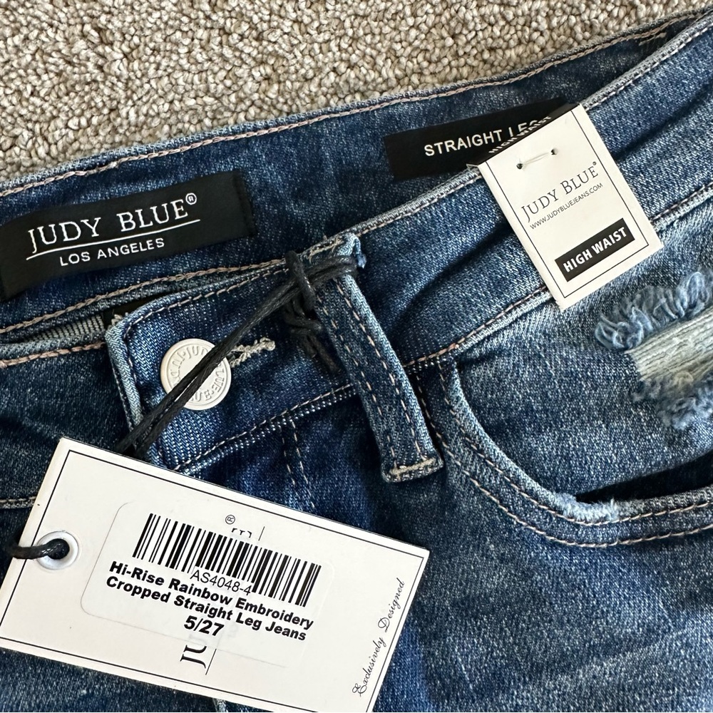 NWT Judy Blue Hi-Rise‎ Rainbow Embroidery Cropped Straight Leg Jean 5/27 - Picture 3 of 9